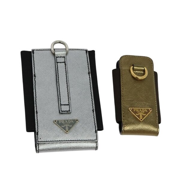 PRADA Pouch Safiano leather 2Set Gold Silver Auth 118868 - Picture 1 of 16